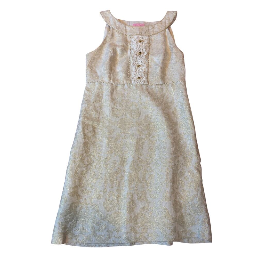 LILLY PULITZER Gold Metallic Dress Sz 4 Jacqueline Shift White Lace Bib - Picture 2 of 9